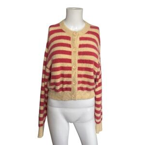 Levis Fuzzy Striped Cardigan Sweater Tan Pink Soft Knit Size Small S